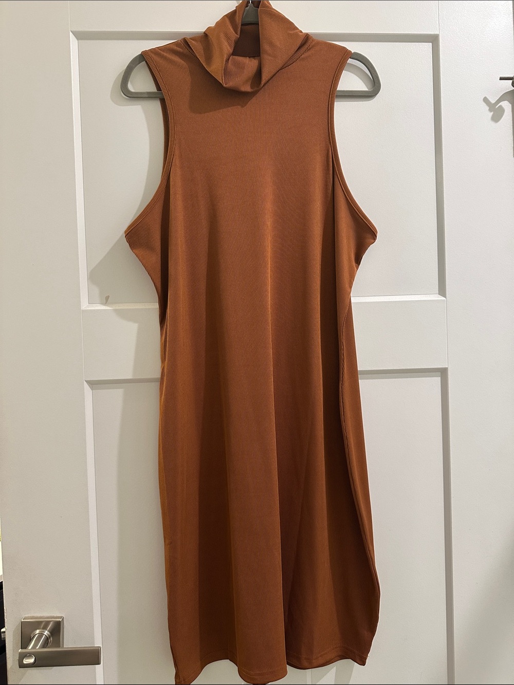 Sleeveless Slinky Ribbed Turtleneck Midi Dress